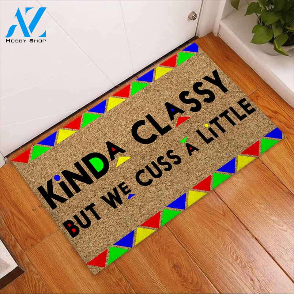 Kinda Classy But We Cuss A Little - African American Coir Pattern Print Doormat