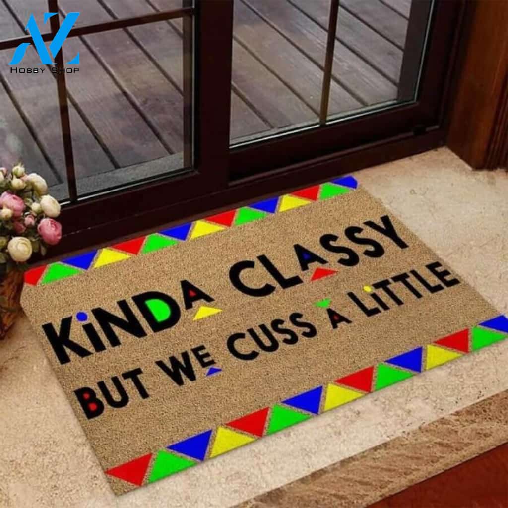 Kinda Classy But We Cuss A Little African American Coir Pattern Print Doormat | Welcome Mat | House Warming Gift