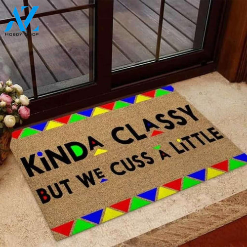 Kinda Classy But We Cuss A Little African American Coir Pattern Print Doormat | Welcome Mat | House Warming Gift