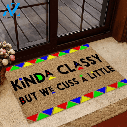Kinda Classy But We Cuss A Little African American Coir Pattern Print Doormat | Welcome Mat | House Warming Gift