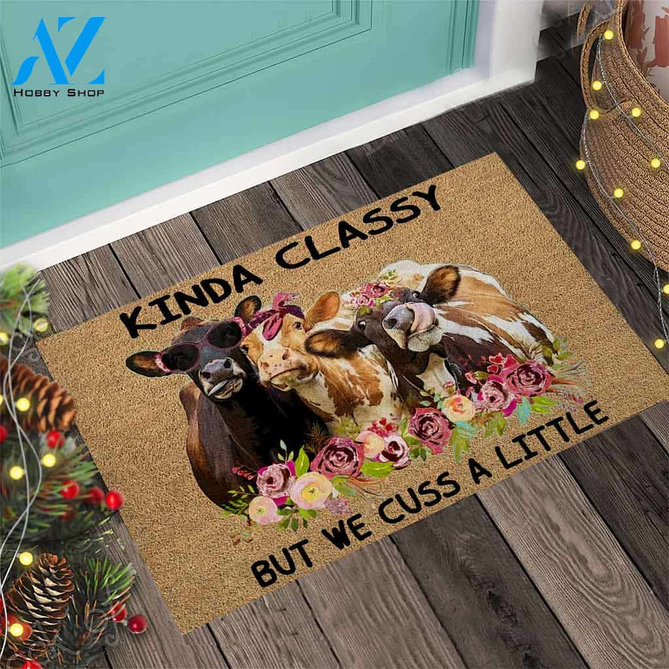 Kinda Classy But We Cuss A Little - Cow Coir Pattern Print Doormat