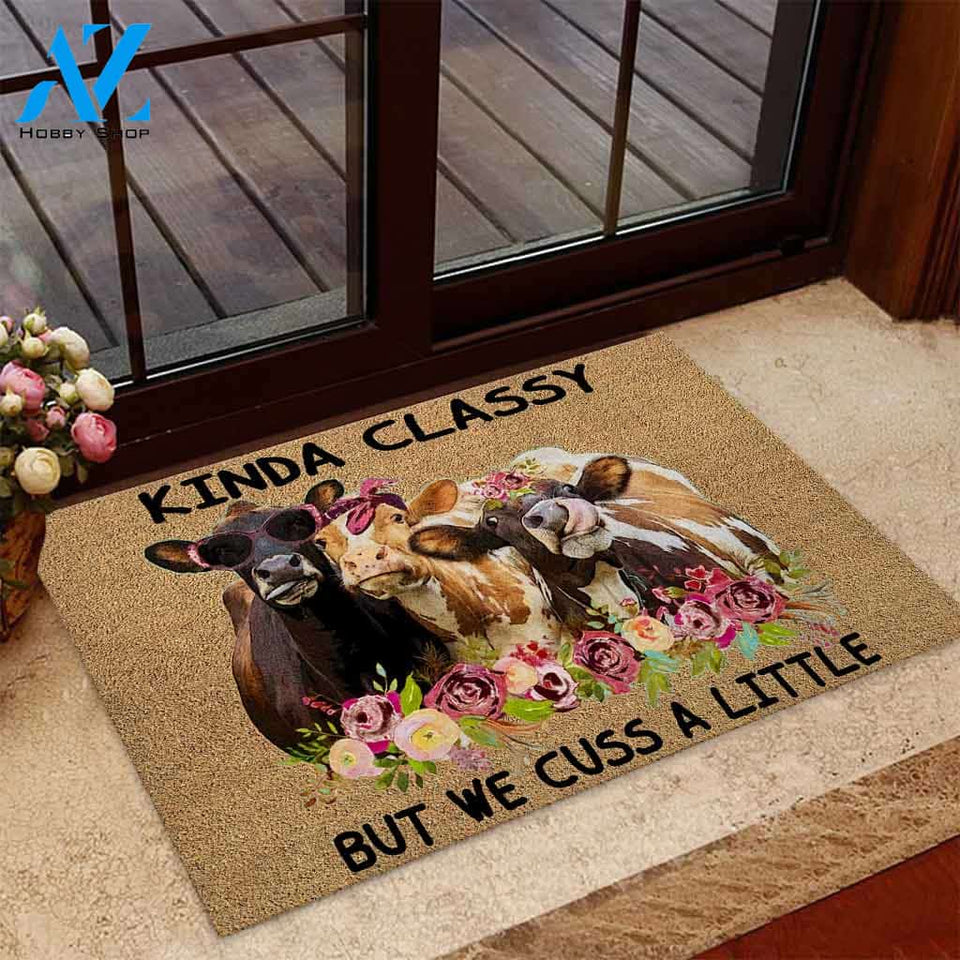Kinda Classy But We Cuss A Little - Cow Coir Pattern Print Doormat