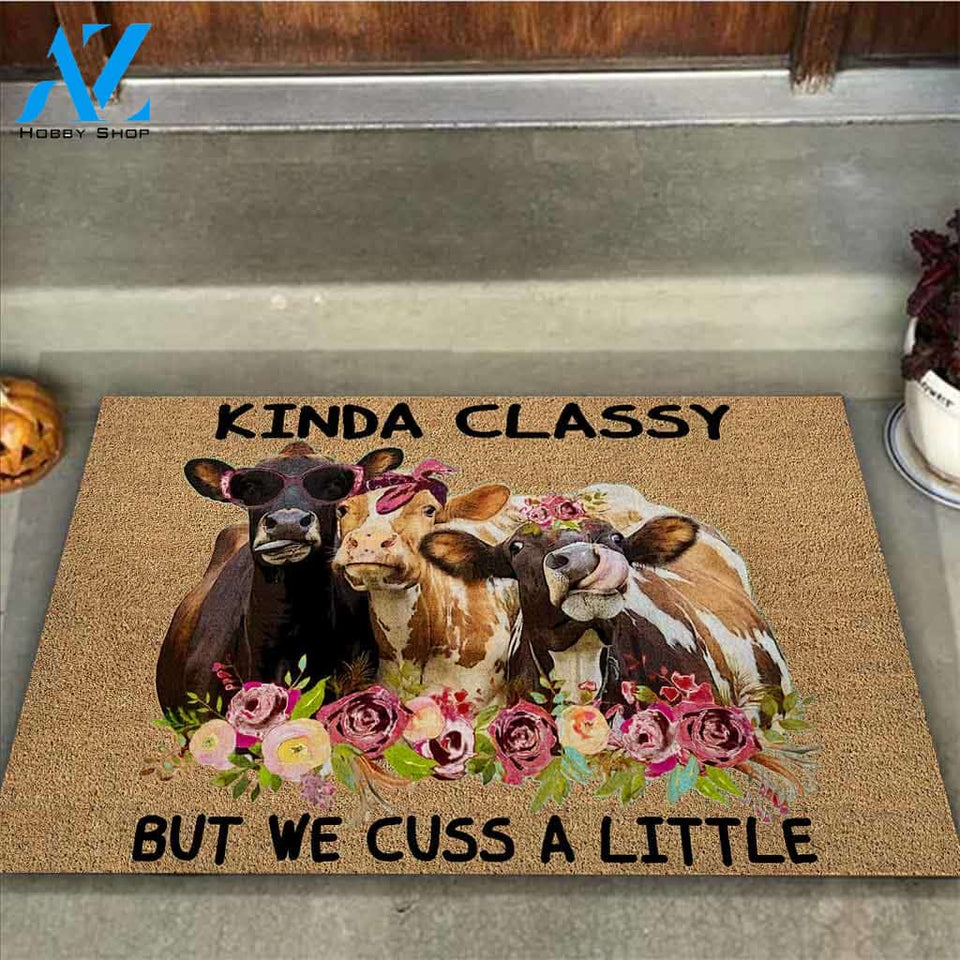 Kinda Classy But We Cuss A Little - Cow Coir Pattern Print Doormat