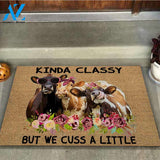 Kinda Classy But We Cuss A Little - Cow Coir Pattern Print Doormat