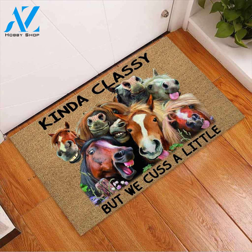 Kinda Classy But We Cuss A Little - Horse Coir Pattern Print Doormat