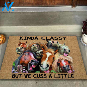 Kinda Classy But We Cuss A Little - Horse Coir Pattern Print Doormat