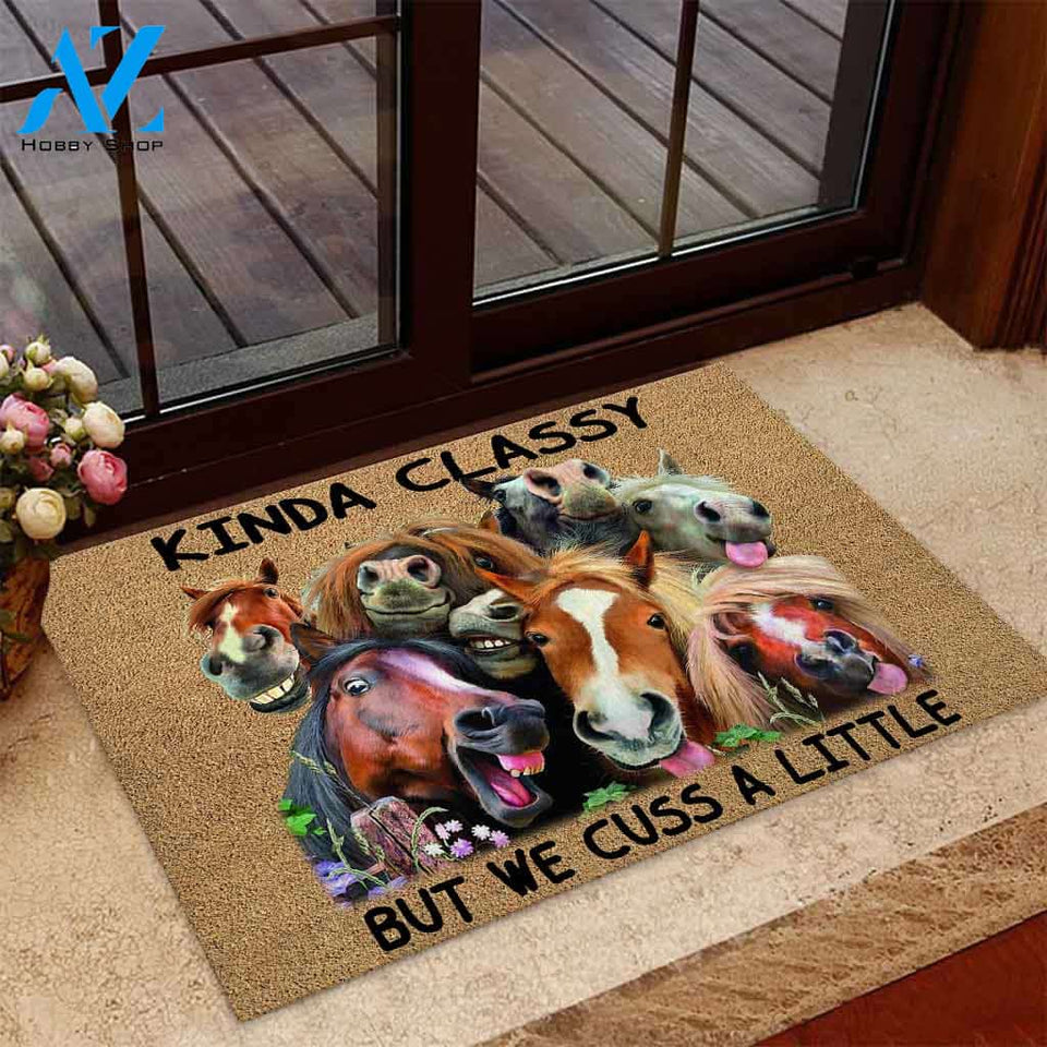 Kinda Classy But We Cuss A Little - Horse Coir Pattern Print Doormat