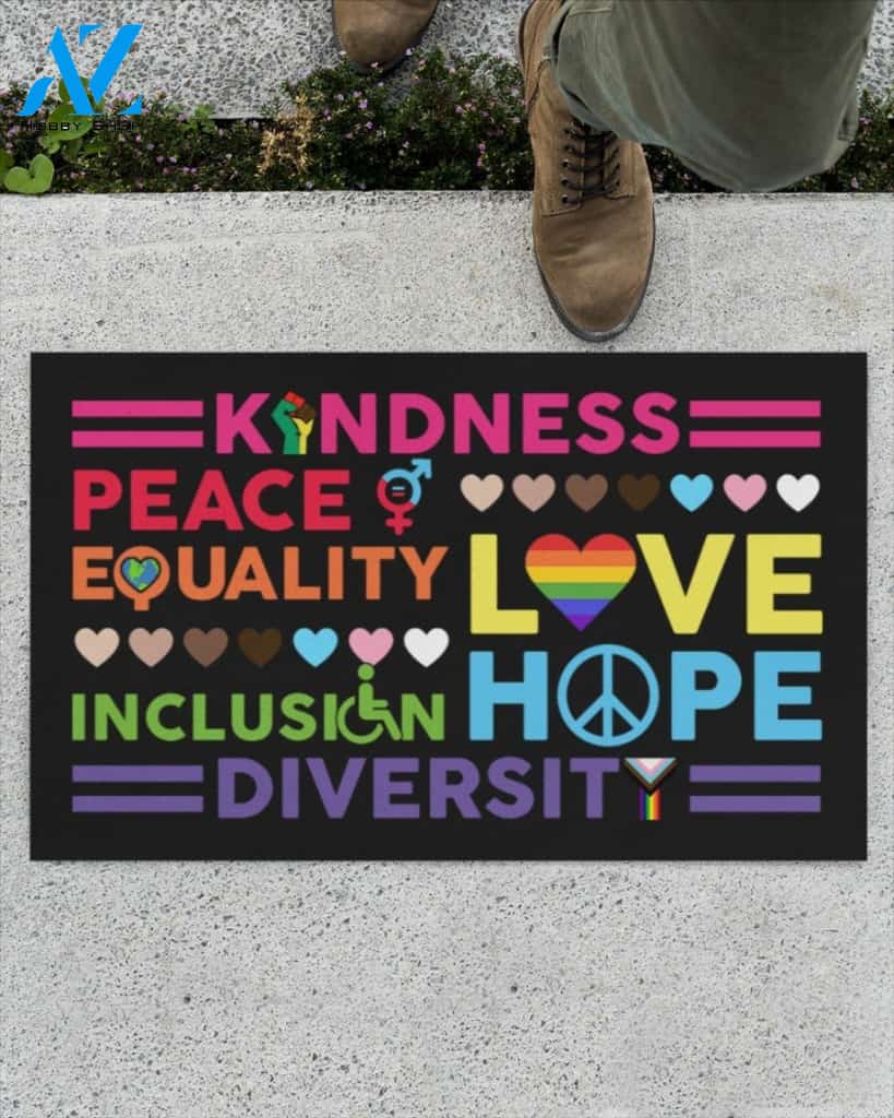 Kindness Peace Equality Symbol Doormat Indoor And Outdoor Doormat Warm House Gift Welcome Mat Home Decor Gift For Equality LGBT Family Friend
