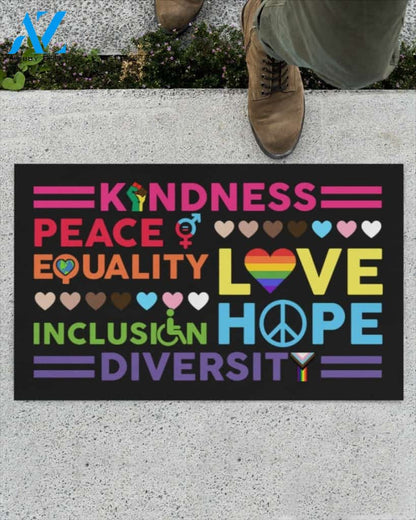Kindness Peace Equality Symbol Doormat Indoor And Outdoor Doormat Warm House Gift Welcome Mat Home Decor Gift For Equality LGBT Family Friend