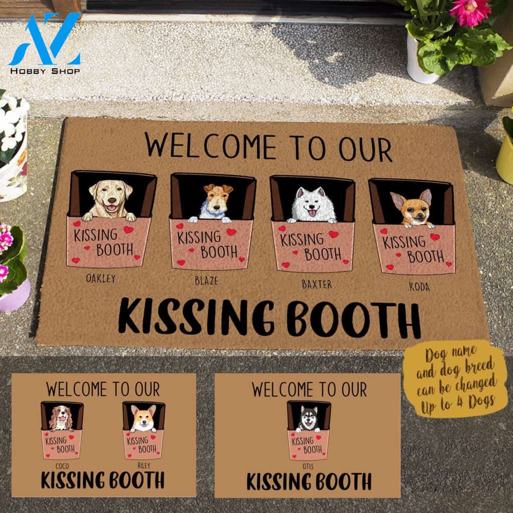 Kissing Dog, Welcome To Our Kissing Booth Personalized Doormat