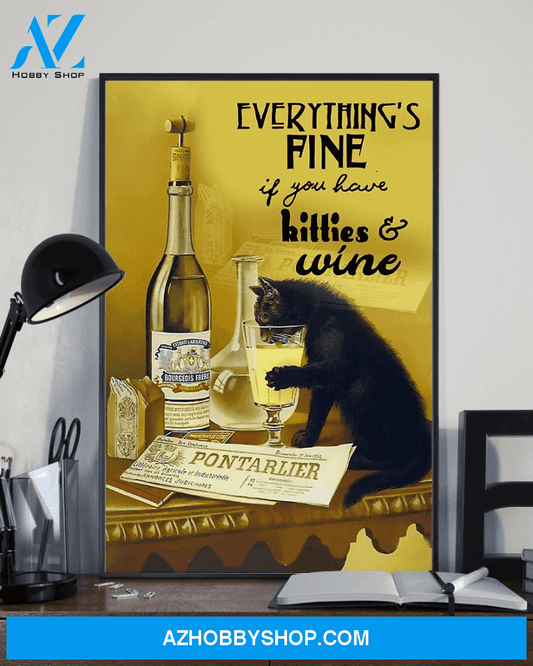 Kitten Cat Wine Poster Everything's fine Vintage Poster Canvas, Wall Decor Visual Art