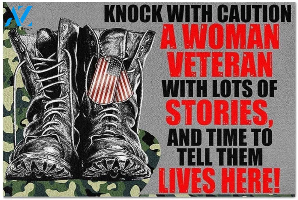 Knock With Caution A Woman Veteran Boots Camo Indoor And Outdoor Doormat Warm House Gift Welcome Mat Gift For Veteran