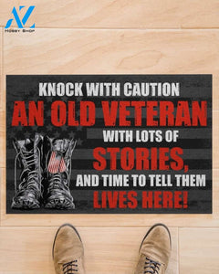 Knock With Caution An Old Veteran With Lots Of Stories And Time To Tell Them Lives Here Doormat Welcome Mat Housewarming Gift Home Decor Funny Doormat Gift Idea For Veteran