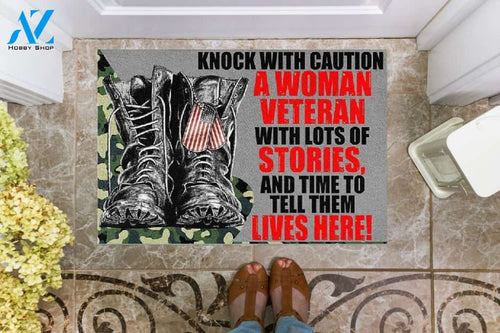 Knocks With Caution A Woman Veteran With Lots Of Stories And Time To Tell Them Lives Here Doormat Welcome Mat Housewarming Gift Home Decor Gift Idea For Veteran
