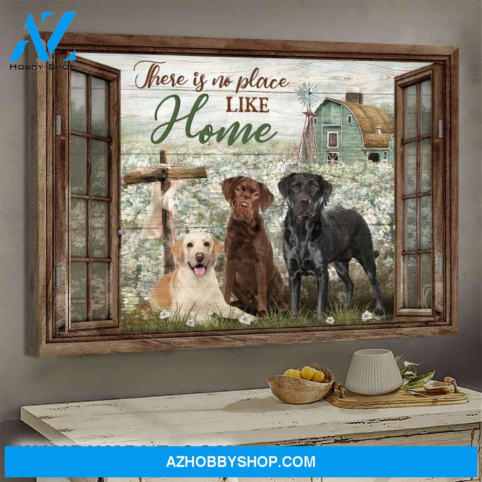 Labradors on flower field - Window frame - There is no place like home - Landscape Canvas Prints, Wall Art