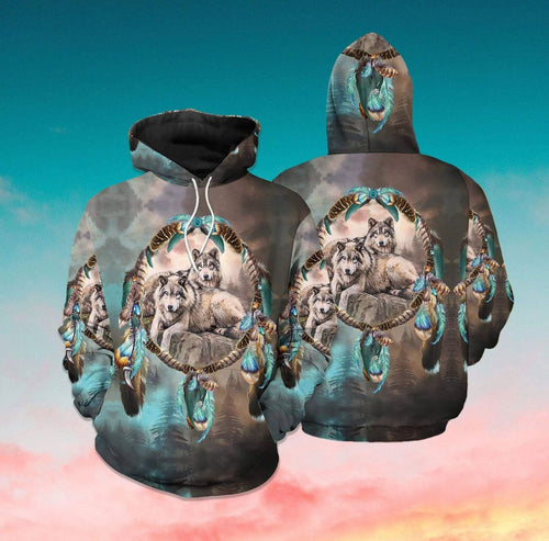 Couple Of Wolves Dreamcatcher Grey Vintage Unisex 3d Hoodie