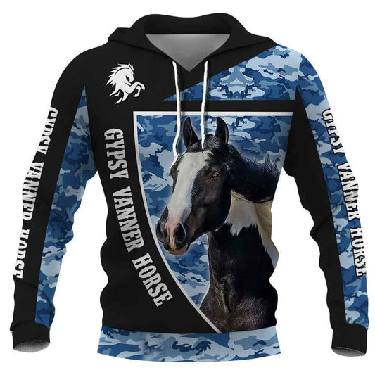 Gypsy Vanner Horse Blue Camo Perfect Unisex 3d Hoodie