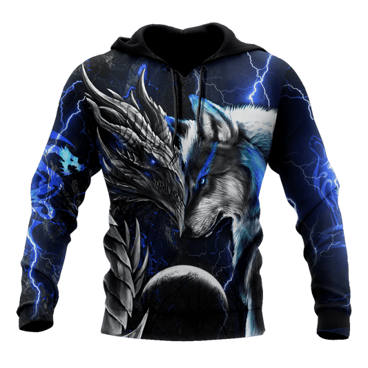 Blue Dragon And Wolf Unique Design Unisex 3d Hoodie