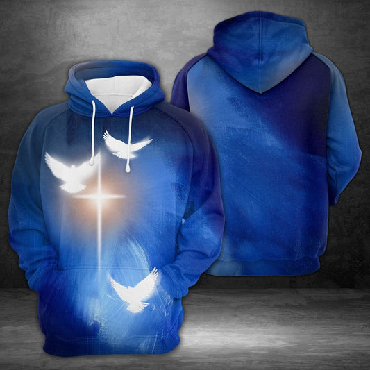 Christian Cross With White Doves Blue Best Unisex 3d Hoodie