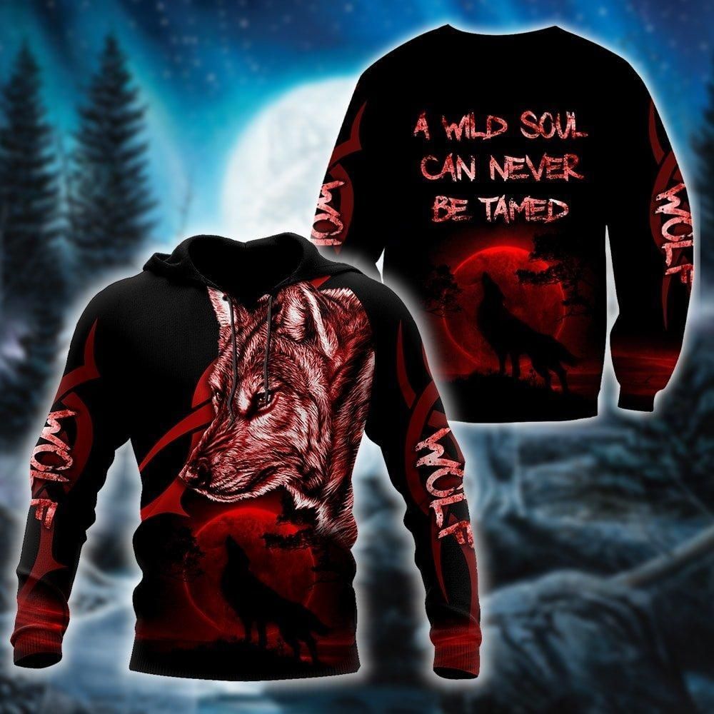 Wolf A Wild Soul Can Never Be Tamed Black Red Unisex 3d Hoodie