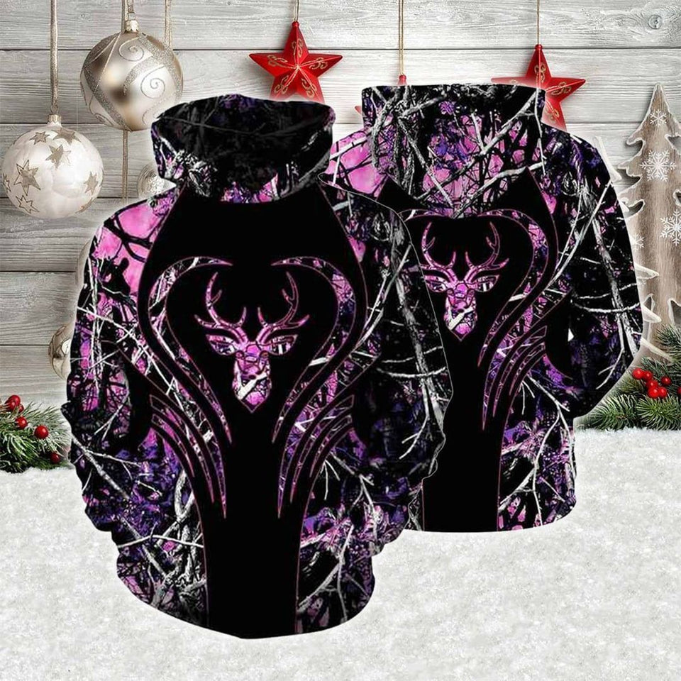 Black And Pink Deer Hunting Pullover Unisex 3d Hoodie