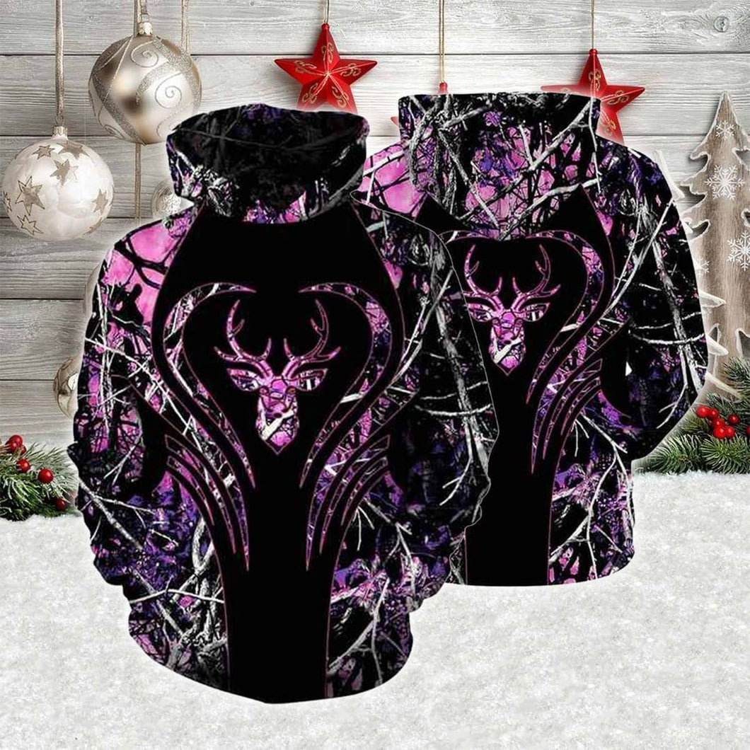 Black And Pink Deer Hunting Pullover Unisex 3d Hoodie