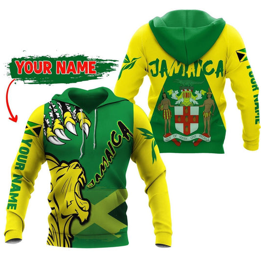 Jamaica Lion Roar Personalized Name- Green And Yellow-All Size Unisex 3d Hoodie