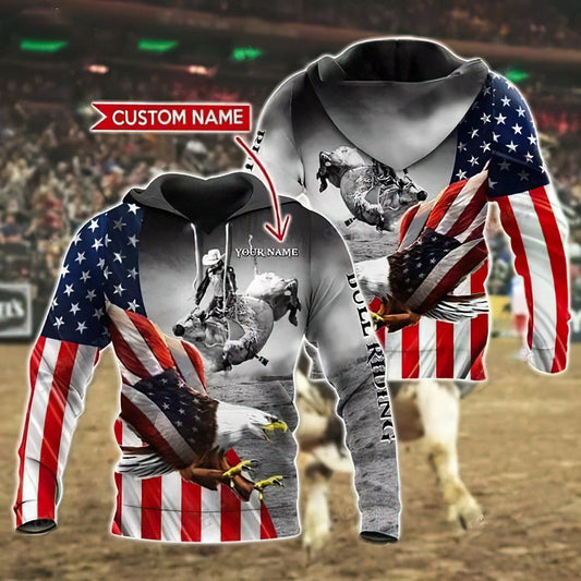 Bull Riding Eagle American Flag Personalized Unisex 3d Hoodie