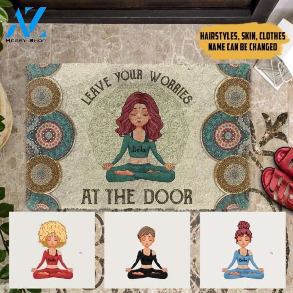 Leave Your Worries At The Door Mandala Background Personalized Doormat