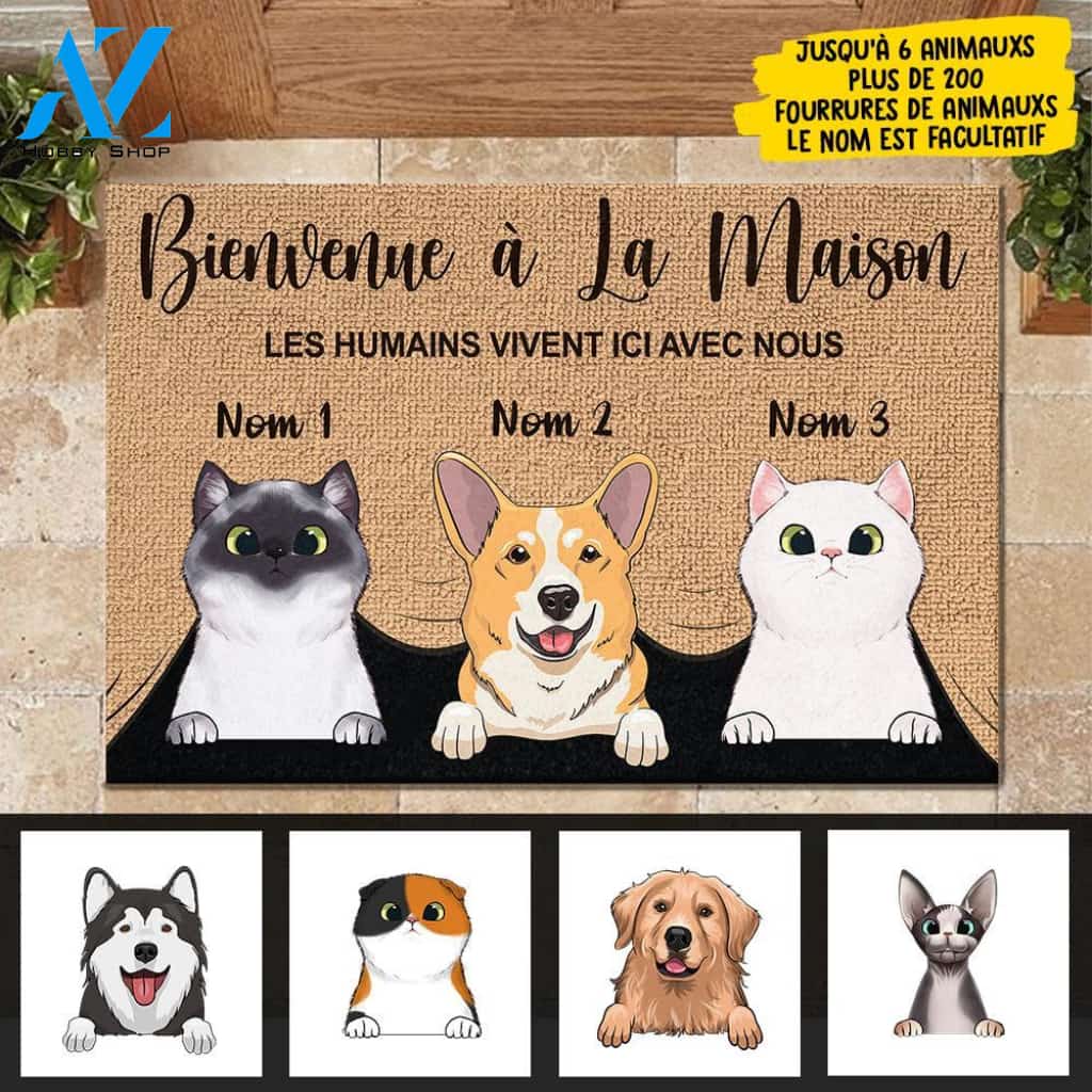 Les humains vivent ici avec nous French - Funny Personalized Pet Doormat | WELCOME MAT | HOUSE WARMING GIFT