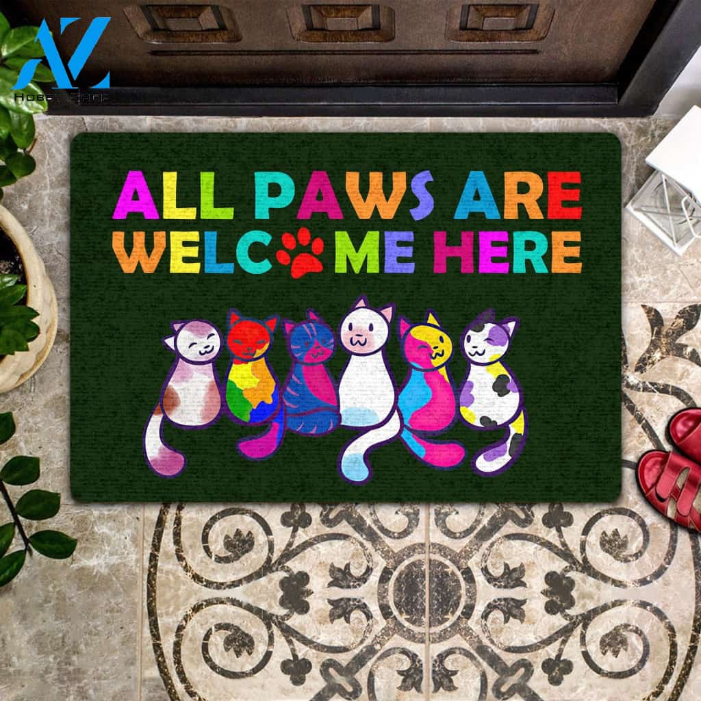 LGBT All Paws Are Welcome Here Indoor And Outdoor Doormat Warm House Gift Welcome Mat Gift For Friend Family Gift For Cat Lovers LGBT Gift
