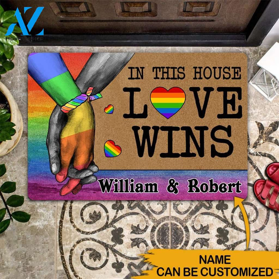 LGBT Couple Custom Doormat In This House Love Wins Personalized Gift | WELCOME MAT | HOUSE WARMING GIFT