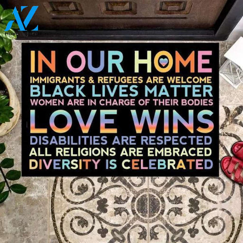 LGBT Doormat In Our Home Love Wins, LGBT Doormat, LGBT Gift, Lgbt Pride Doormat, Custom Doormat