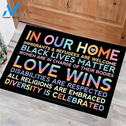 LGBT Doormat In Our Home Love Wins, LGBT Doormat, LGBT Gift, Lgbt Pride Doormat, Custom Doormat