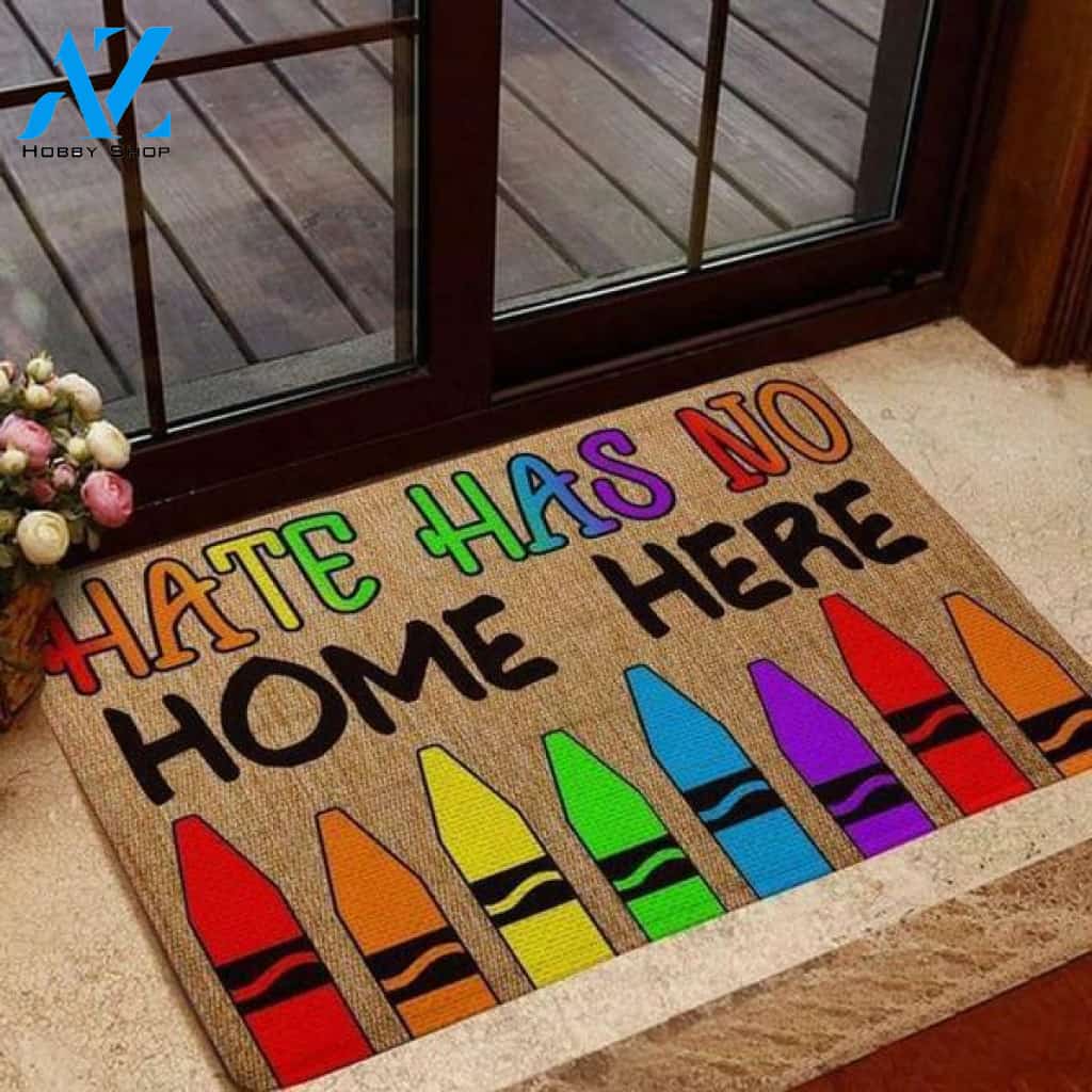 LGBT - Hate Has No Home Here Rainbow Crayon Doormat Welcome Mat House Warming Gift Home Decor Funny Doormat Gift Idea
