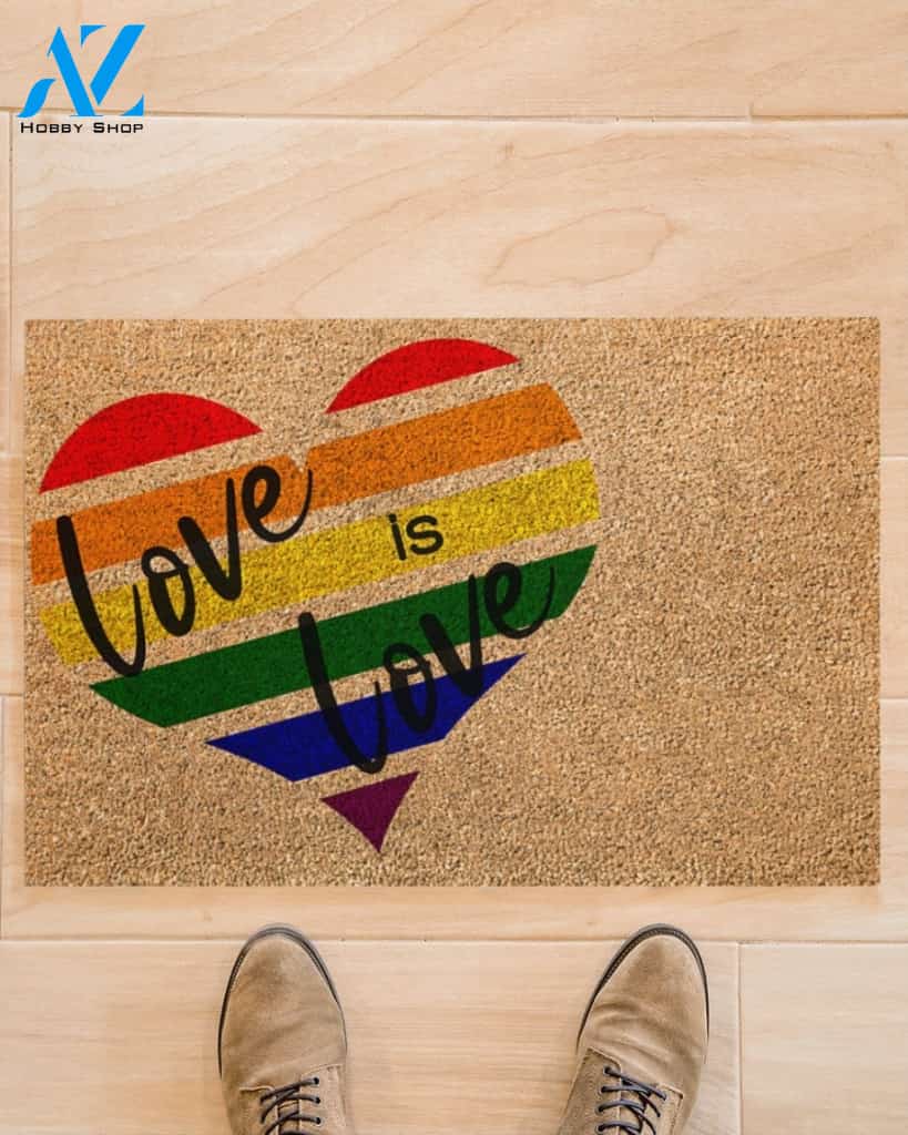 LGBT Love Is Love Rainbow Heart Indoor And Outdoor Doormat Warm House Gift Welcome Mat Gift For Friend Family