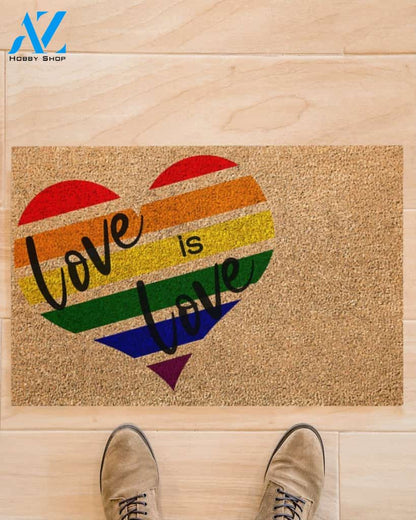 LGBT Love Is Love Rainbow Heart Indoor And Outdoor Doormat Warm House Gift Welcome Mat Gift For Friend Family