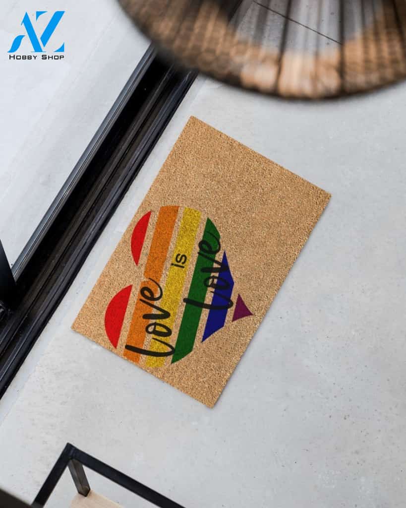 LGBT Love Is Love Rainbow Heart Indoor And Outdoor Doormat Warm House Gift Welcome Mat Gift For Friend Family