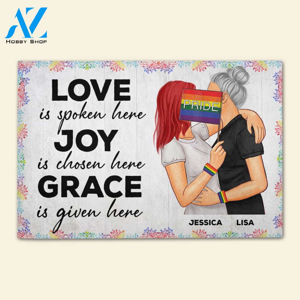 LGBT Love Is Spoken Here - Personalized Doormat - Gifts for Couples - Couple Kissing