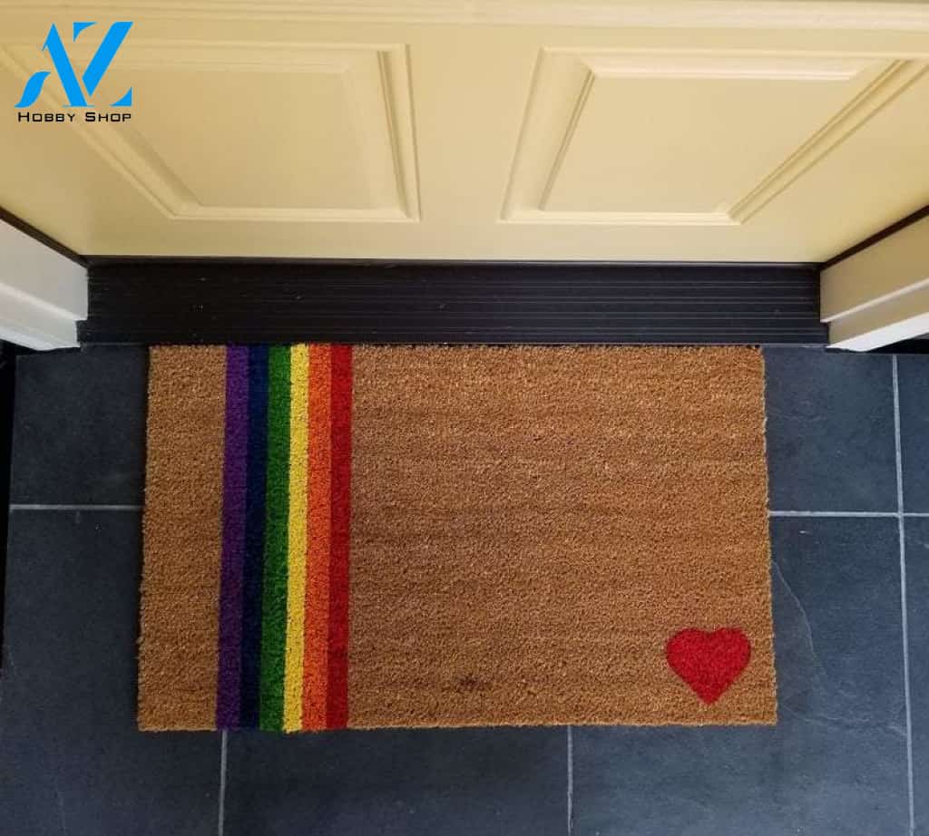 LGBT Pride - Rainbow Striped Mat With Heart Indoor and Outdoor Doormat Warm House Gift Welcome Mat Gift for Friend Family