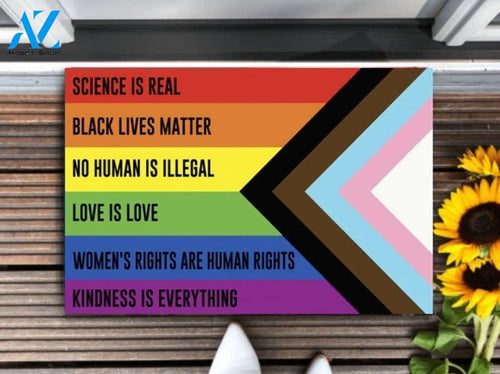 LGBTQ Rainbow Doormat - In This House Science Is Real, Black Lives Matter, No Human Is Illegal, Love Is Love, Women Right, Kindness Is Everything