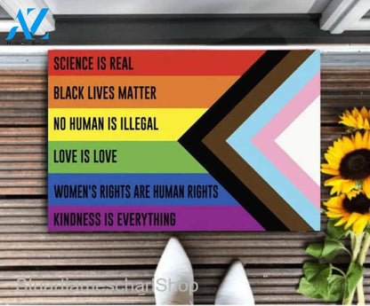 LGBTQ Rainbow Doormat- In This House Science Is Real, Black Lives Matter,No Human Is Illegal,Love Is Love,Women Right,Kindness Is Everything