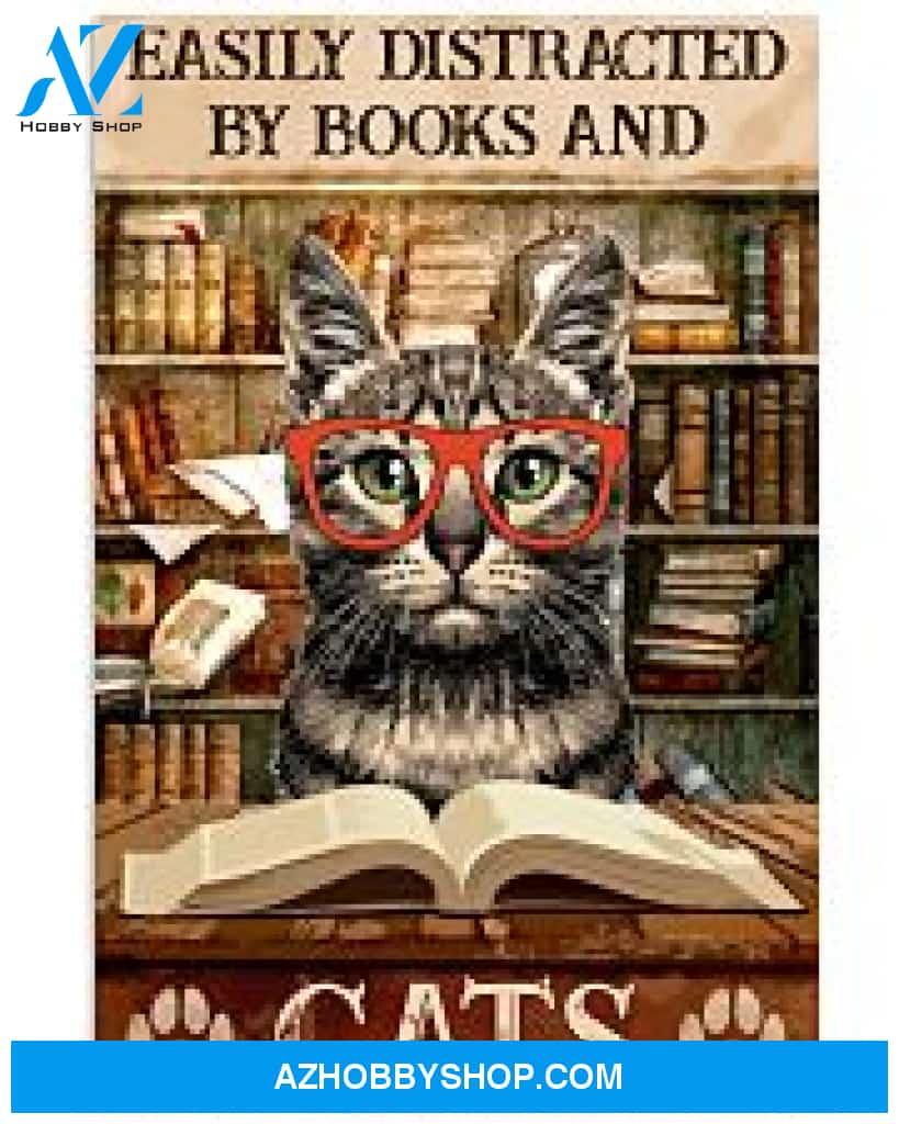 Librarian Poster Easily Distracted By Books And Cats Wall Decor