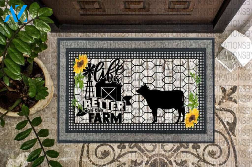 Life is Better on the Farm Cow Animal Doormat Welcome Mat Farm Rug Farmer House Decor Housewarming Gift Gift for Famer Friend Family Gift for Cow Lover Farm Animal Lovers
