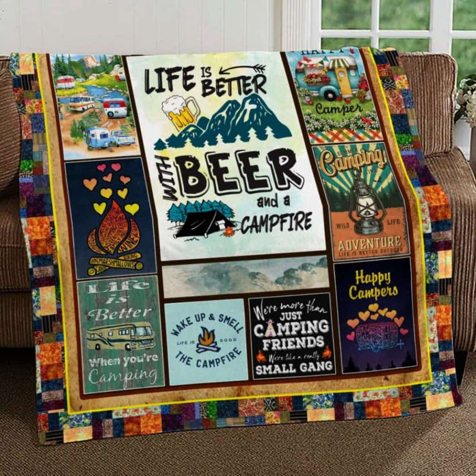 Life Is Better With Beer And A Campfire - Fleece Blanket - Funny Hiking Camping Mountain Lovers Gift Beer Lovers Gift Birthday Gift Home Decor Bedding Couch Sofa Soft and Comfy Cozy