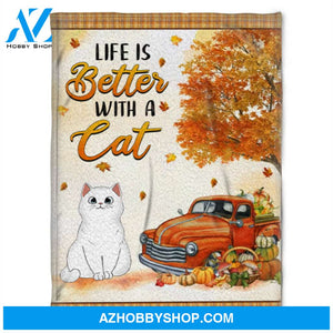 Life Is Better With Short Hair Cat In Autumn, Gift For Cat Lover Fleece Blanket Home Decor Bedding Couch Sofa Soft And Comfy Cozy