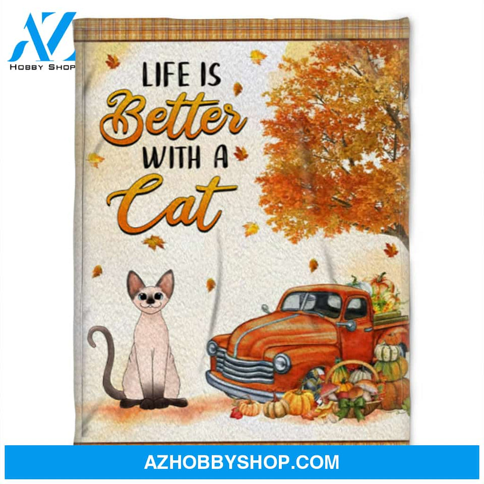 Life Is Better With Sphynx Cat In Autumn, Gift For Cat Lover Fleece Blanket Home Decor Bedding Couch Sofa Soft And Comfy Cozy