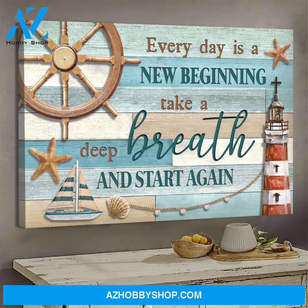 Lighthouse and the sea - Every day is a new beginning - Jesus Landscape Canvas Prints, Wall Art