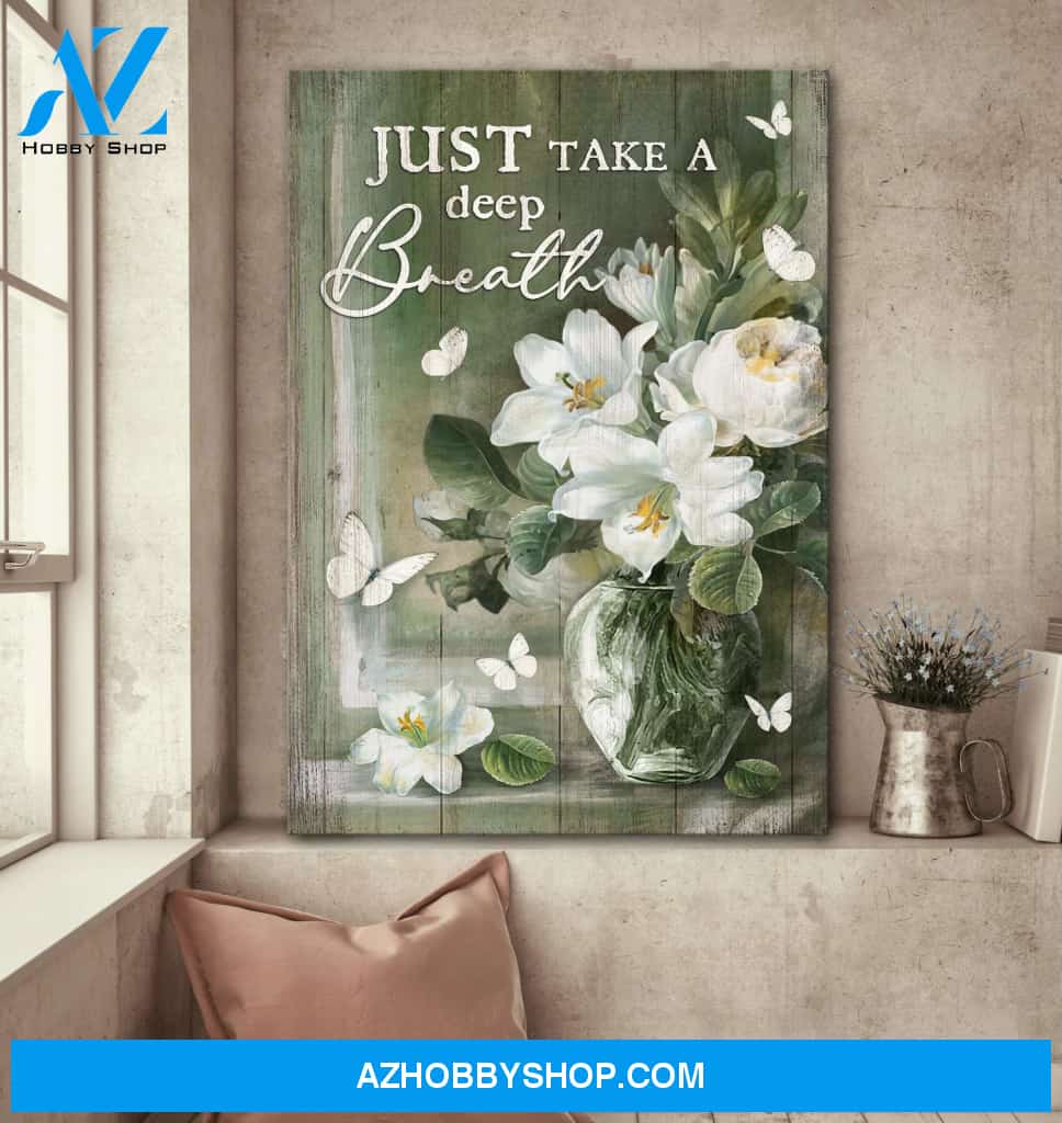 Lily flower vase painting, Just take a deep breath - Jesus, Flower, Still live painting Portrait Canvas Prints, Wall Art
