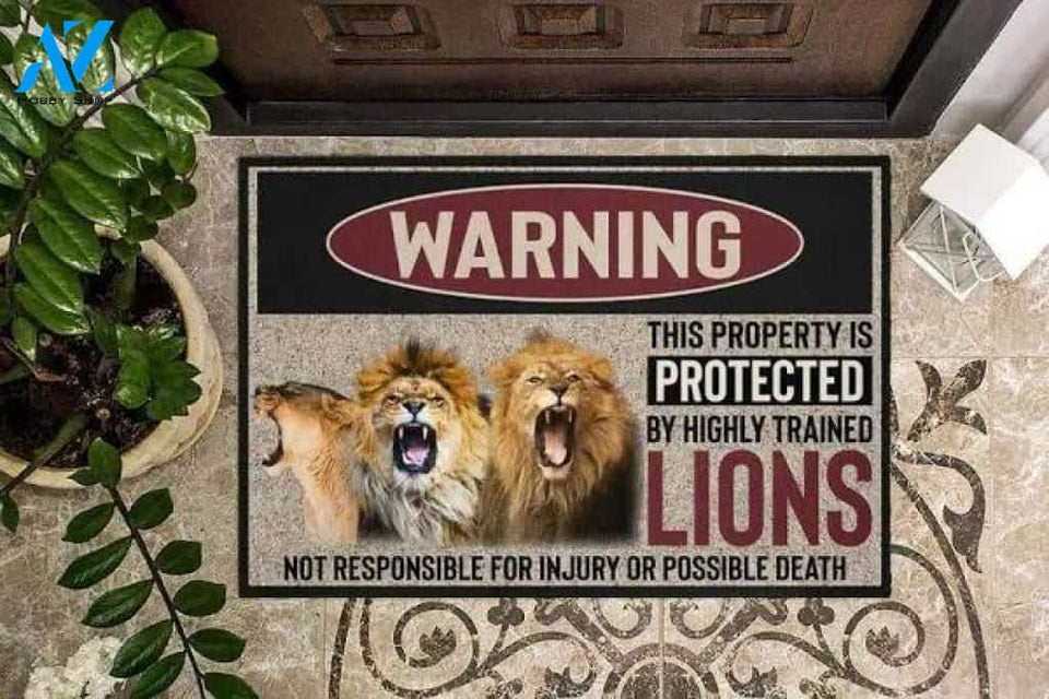 Lion Warning This Property Is Protected Housewarming Gift Great Gift For Family And Friend Doormats Inhouse Doormats Home Decor Housewarming Gift